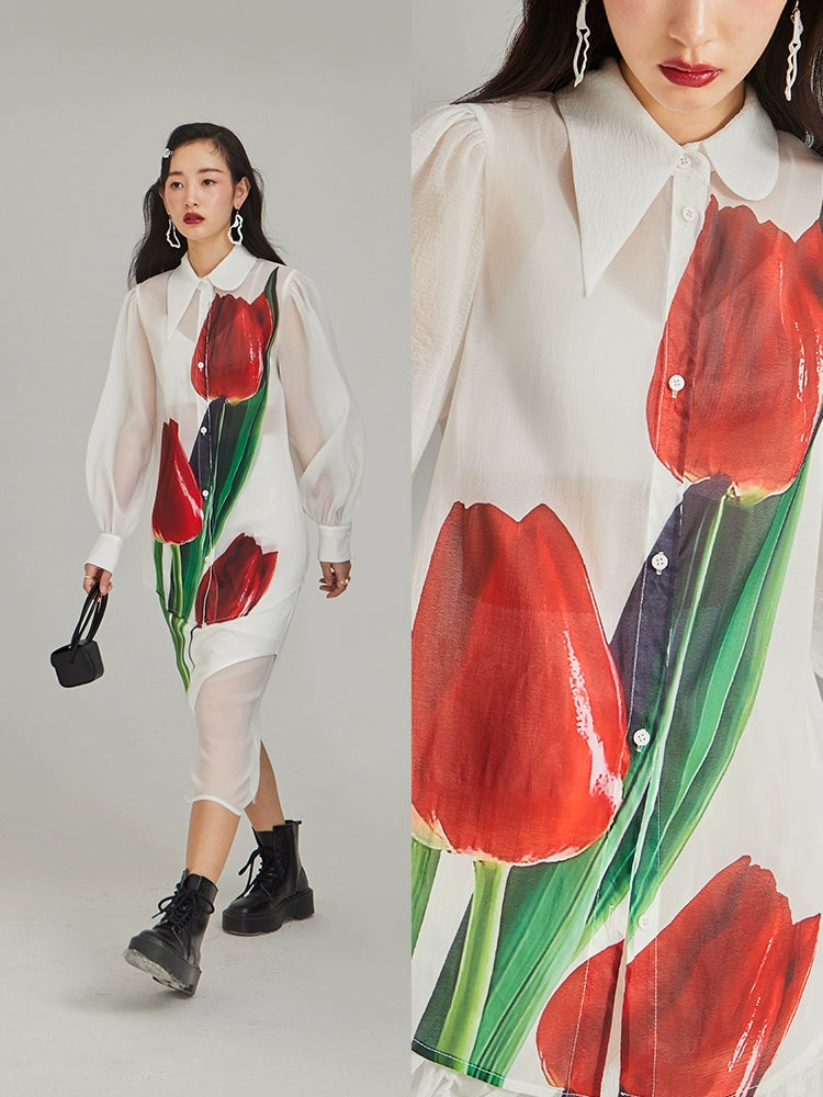 Original Design Gives You a Tulip Art Retro Oil Painting Print Half transparent Early Autumn Shirt