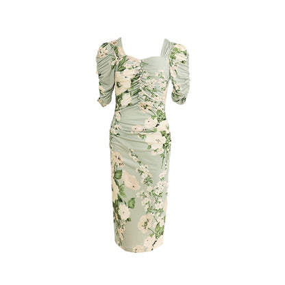 Green Shore Blossoms Slim Wrap Hip Dress