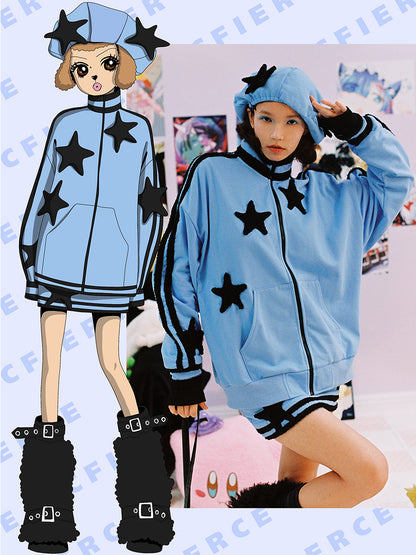 Blue Contrast Sweater Coat with Five Point Star Decoration