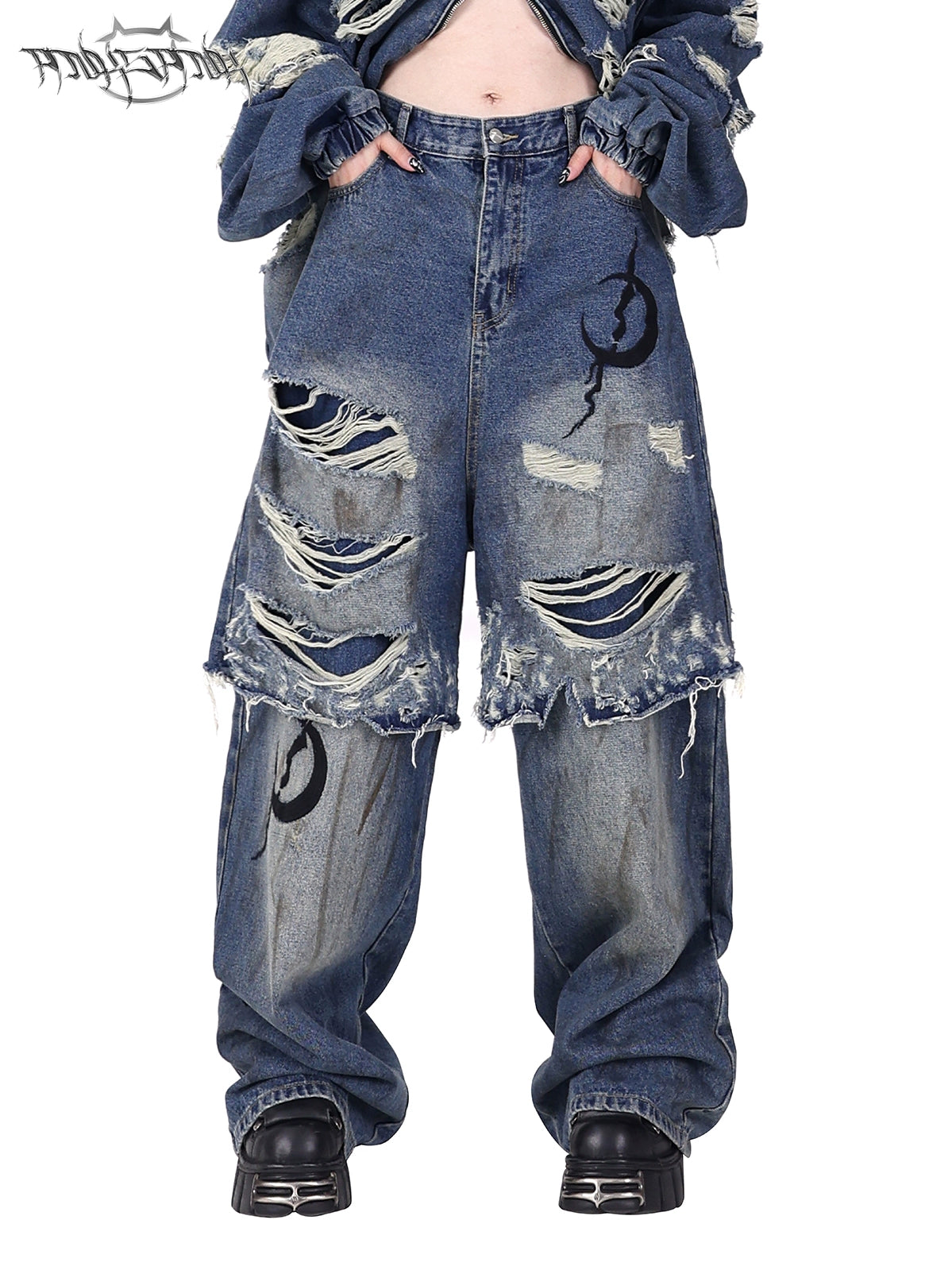 Pantaloni in denim unisex Y2K invecchiati