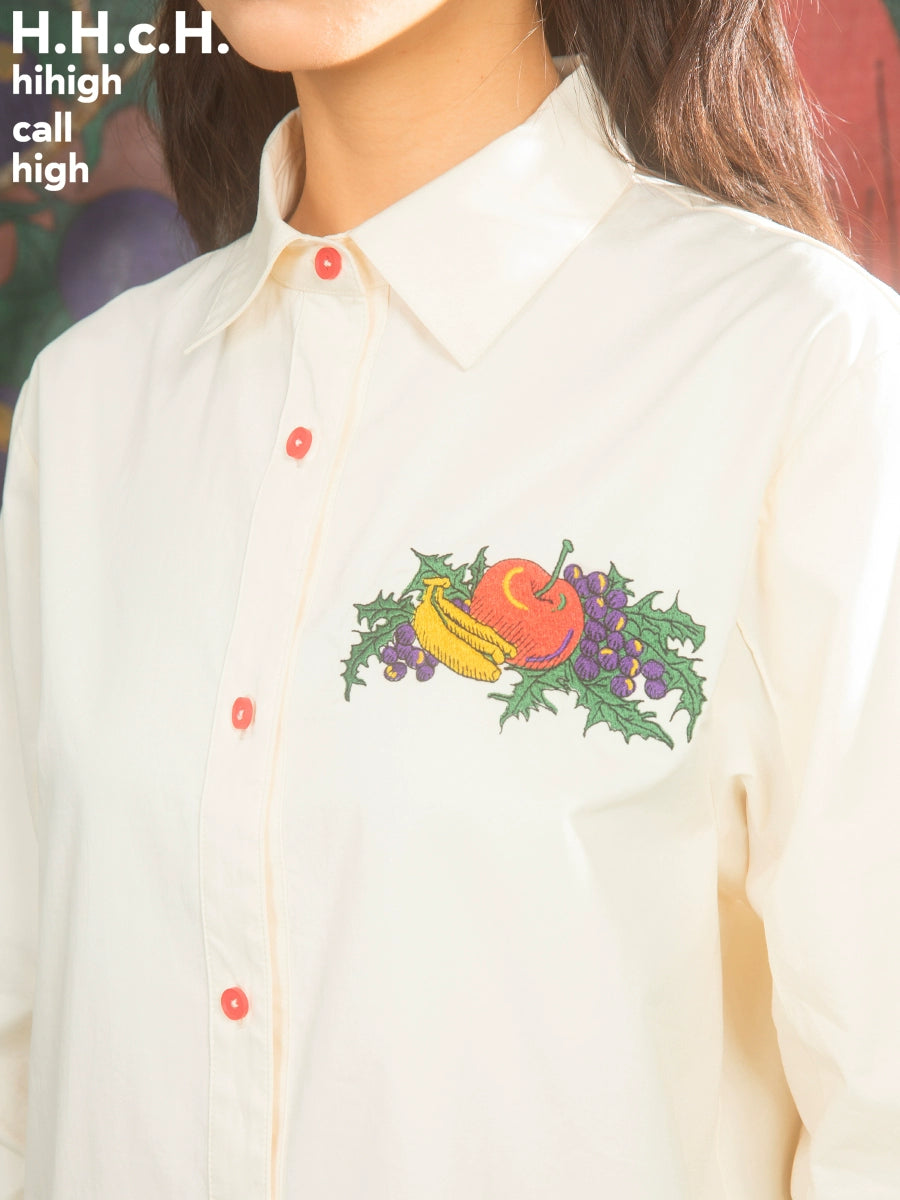 Fruit Embroidered Beige Loose Sleeve Shirt