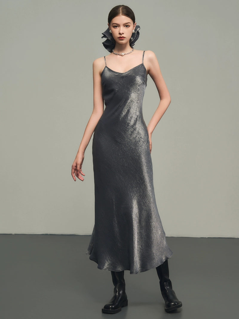 Silver V-Neck Silk Dress