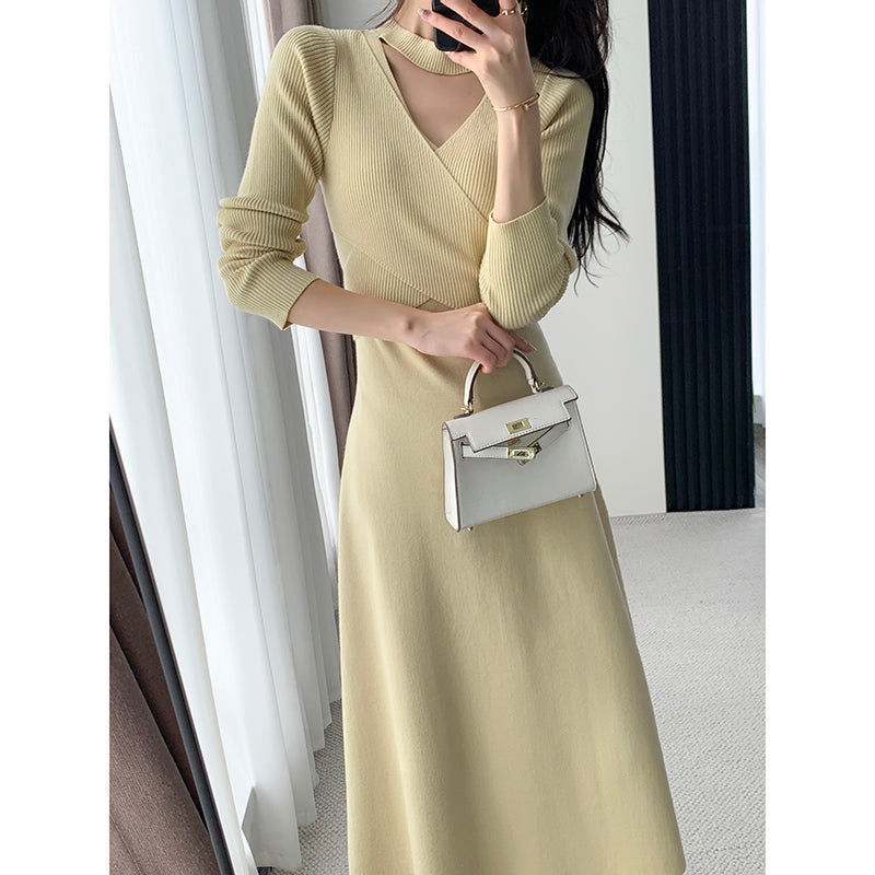 High-end Winter V-neck Knit Dress - L / yellow High-end Winter V-neck Knit Dress - L / yellow