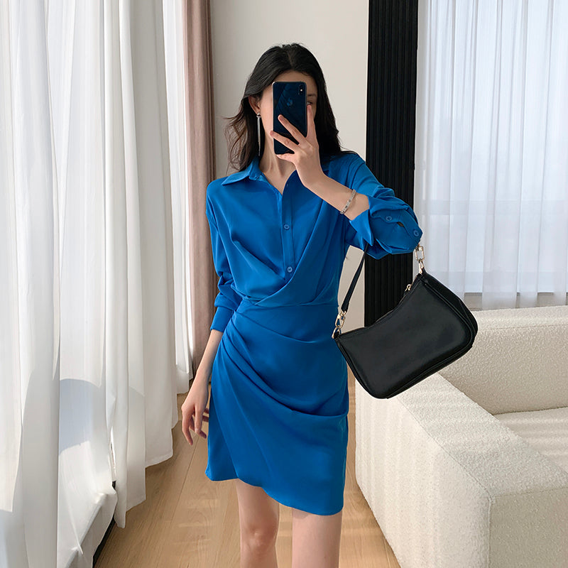 Autumn Blue Shirt Dress - Chic and Slim