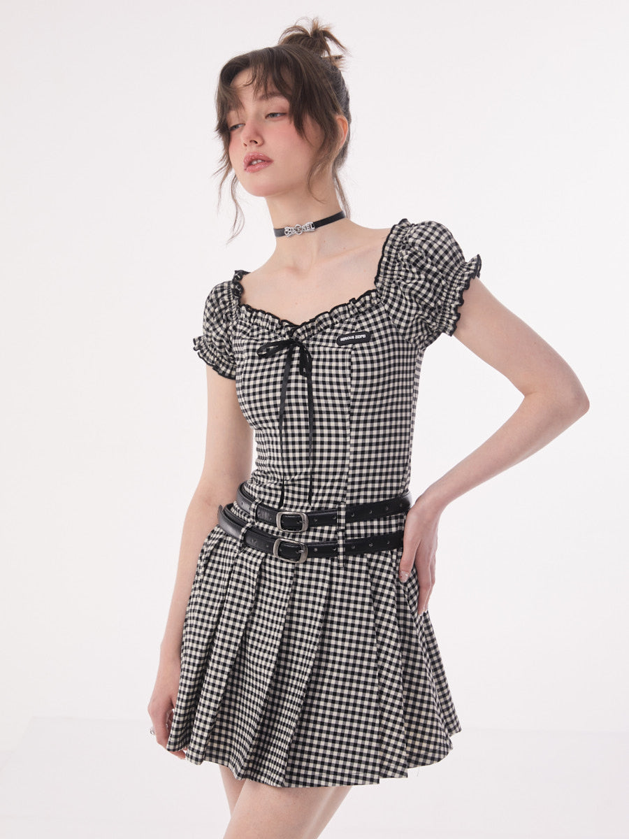 First Love French Bubble Sleeve Plaid Dress