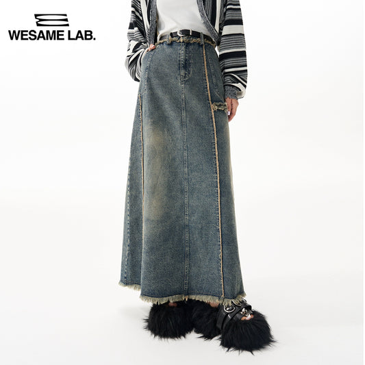 Retro Fur Edge Split Washed Denim Long Skirt