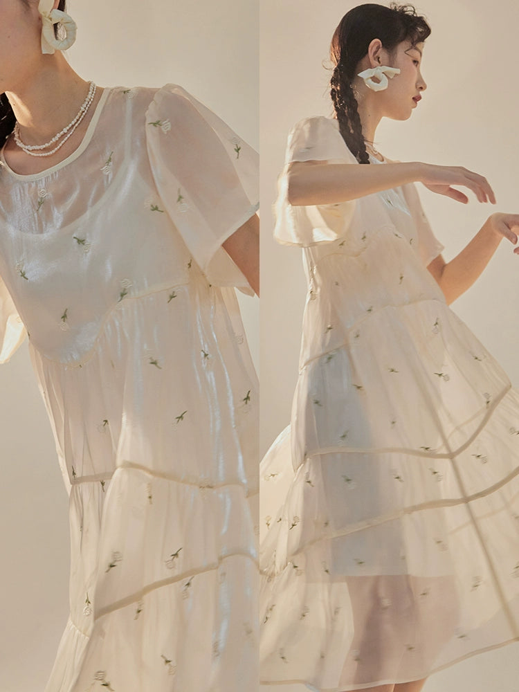 Original Design Late Summer Light Elegant Pearlescent Irregular Translucent Embroidery Mesh Dress