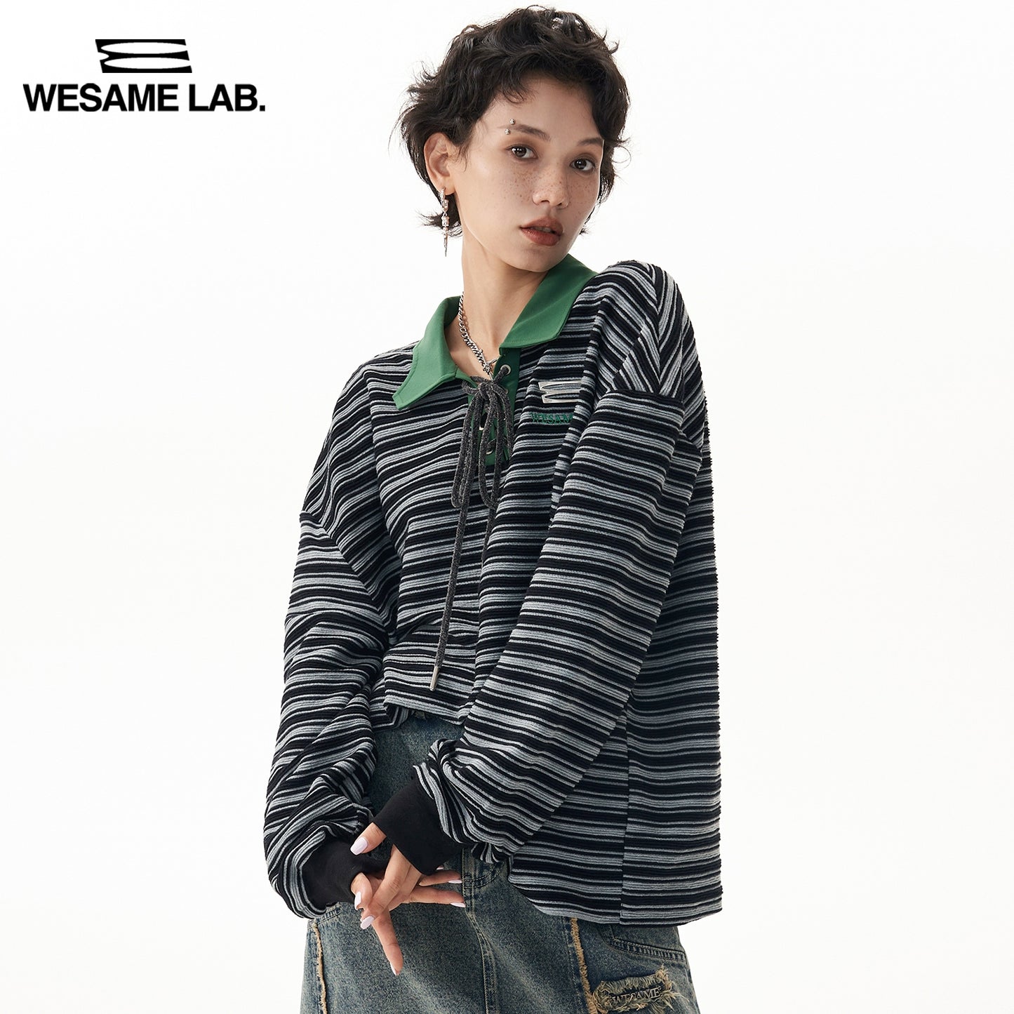 American Retro Long Sleeve Loose Polo Neck Striped T-shirt