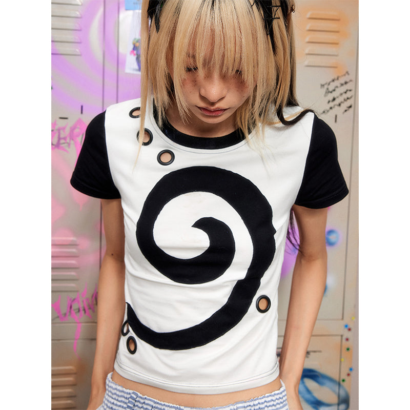 spiral splicing hollowed out decorative t-shirt