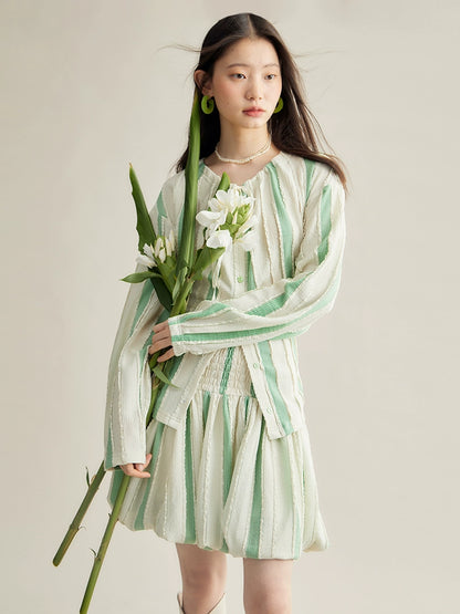 Original Design Grass and Wood Elf Cream Green Stripe Bubble Texture Knitted Cardigan Half Skirt Set