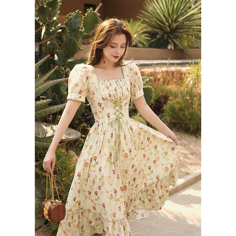 Spring Wild Poetry Cotton Lace-Up Slim Dress