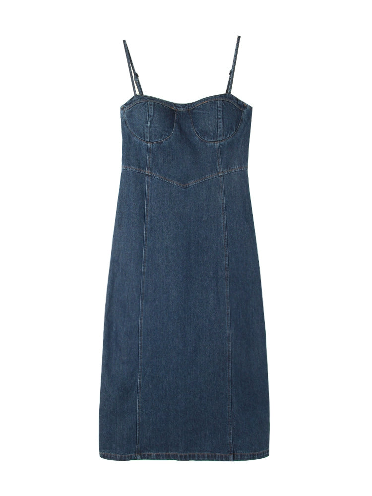 Vestito lungo per collo quadrato in denim