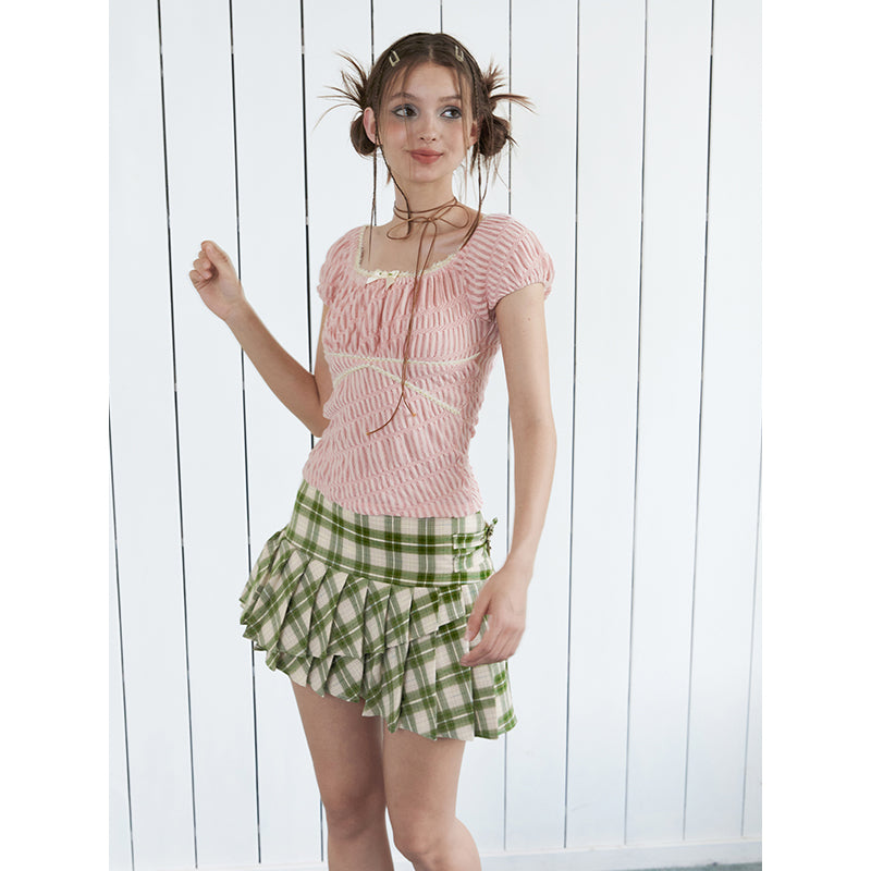 Green Check Pleated Skirt