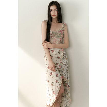 Fragmented Flower Ruffle Strap Dress