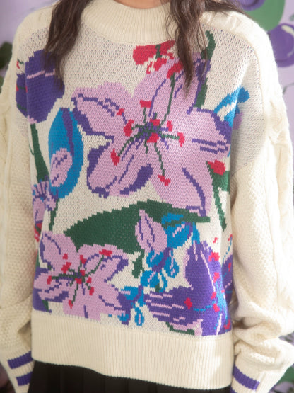 체리 꽃 튤립 자카드 베이지 스웨터