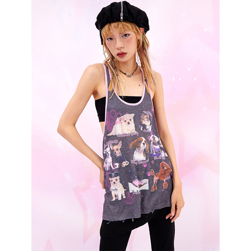 Dog Print Contrast Loose Racerback Tank Top