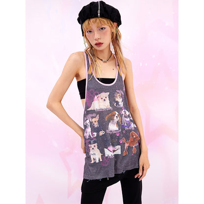 Dog Print Contrast Loose Racerback Tank Top