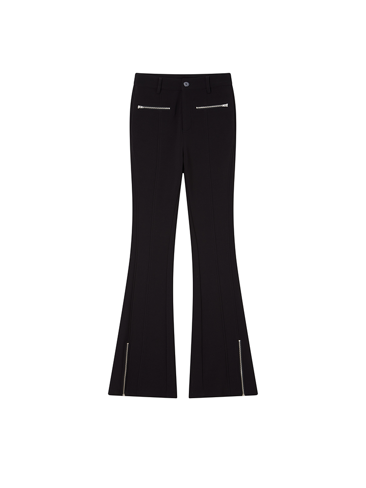 Black Elastic Slim Fit Flare Pants with Metal Zipper