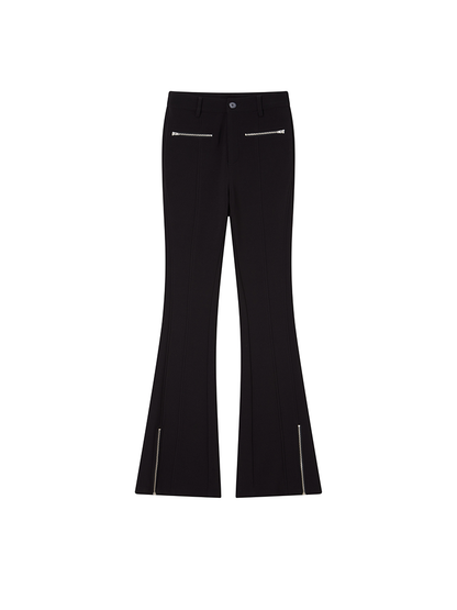 Black Elastic Slim Fit Flare Pants with Metal Zipper