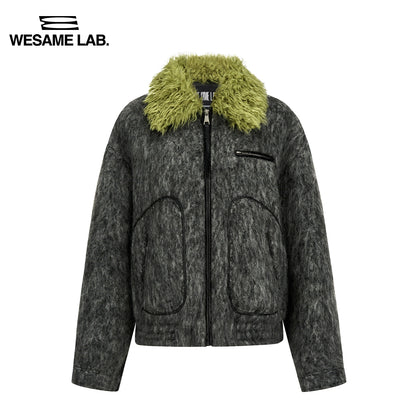 Contrast Green Fleece Collar Vintage Wool Thickened Jacket