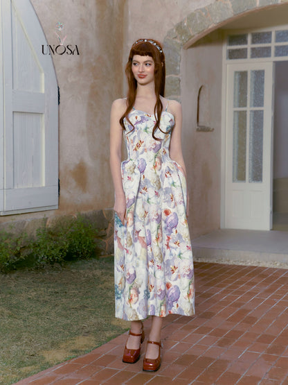 Misty Floral Print Strap Dress with Cinched Waist and Large Skirt Hem