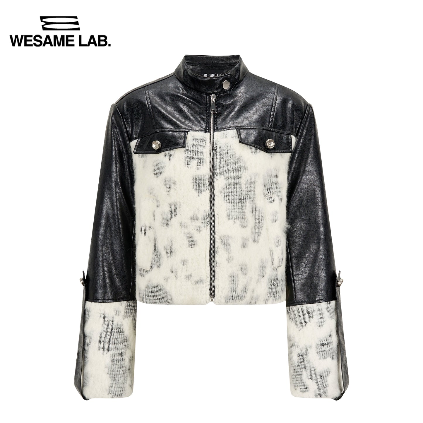 Black and White Fabric Splice Leather Short Cotton Coat