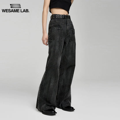 تصميم أزياء الملمس الأصلي عتيقة الأسود غسالة عالية الخصر على عريض الساق جينز مستقيم للنساء