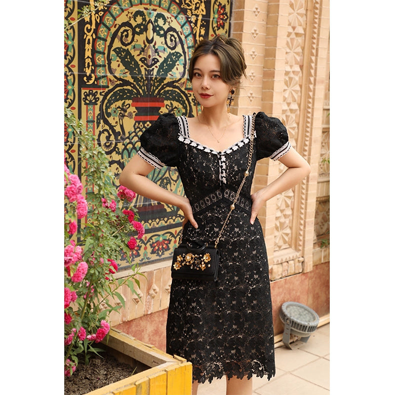 Vintage Black Lace Waist Wrap Mid-Length Dress