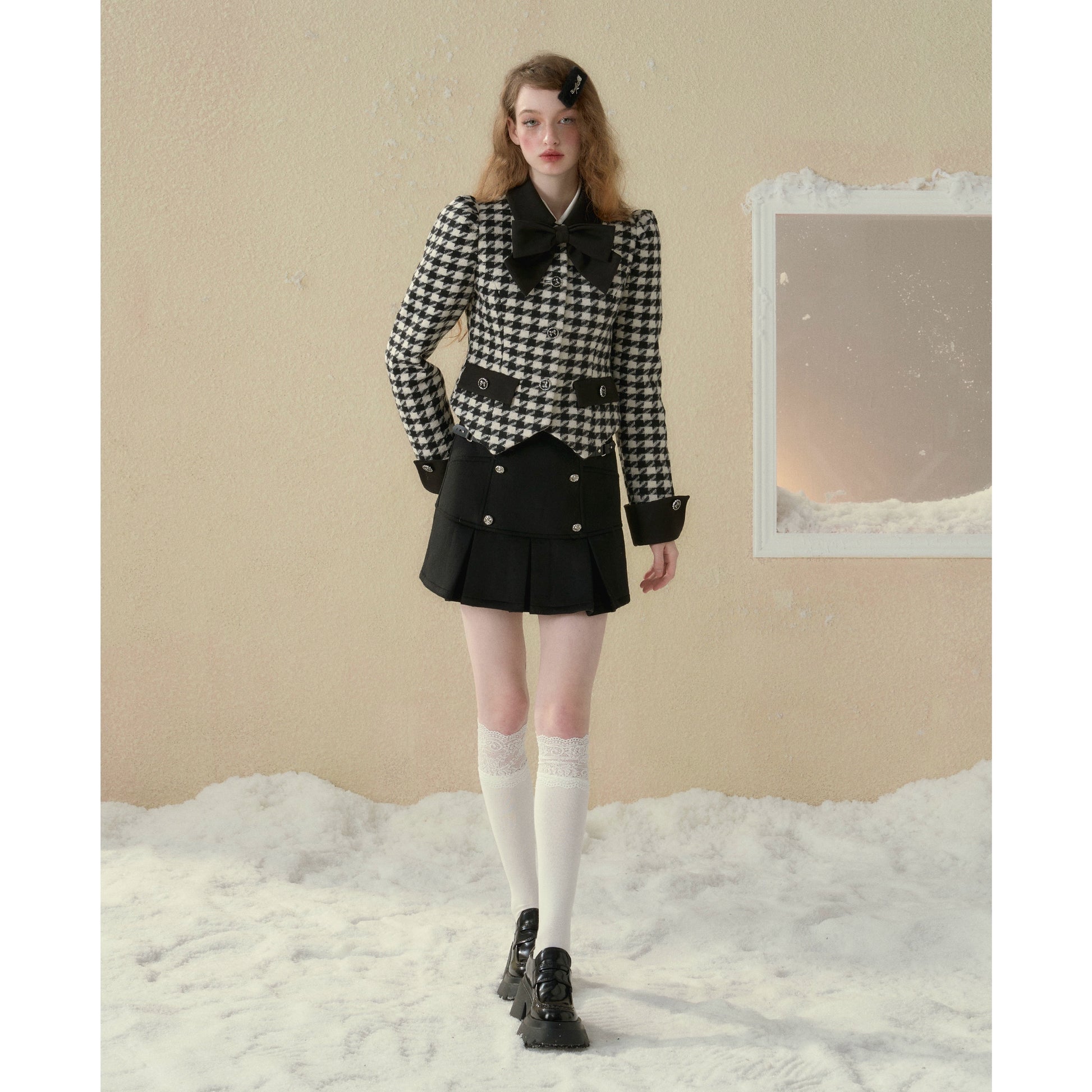 Woolen Black & Plaid A-line Skirt