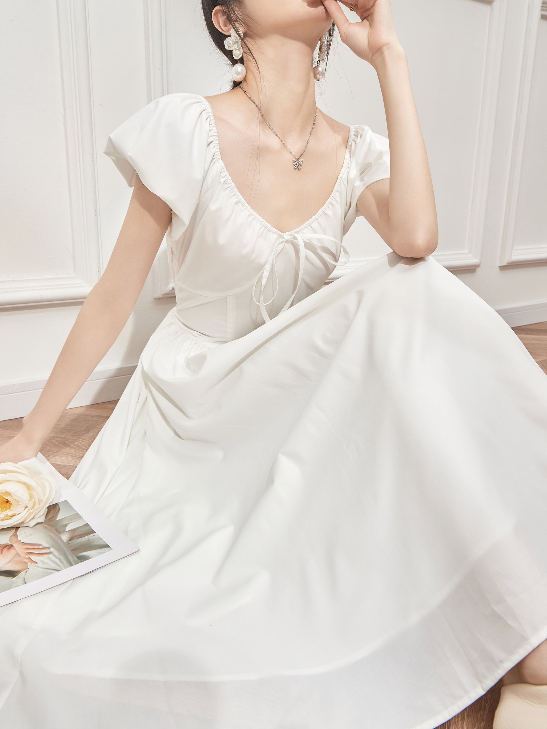2023 French White Bubble Sleeve Dress