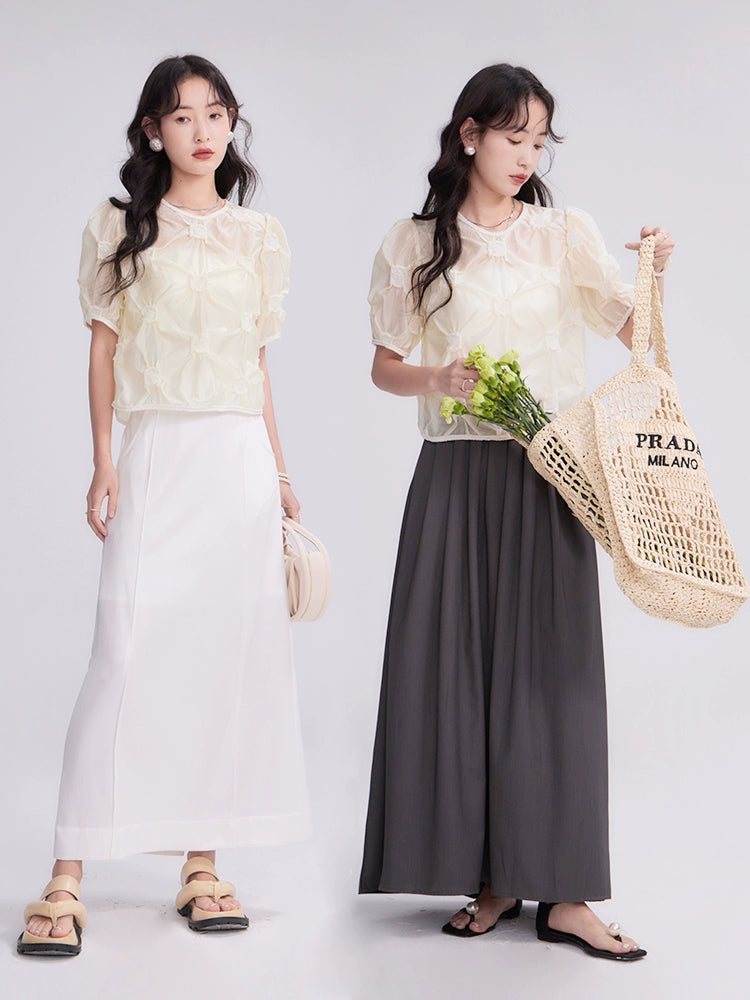 Original Design Apricot Rain Pear Cloud Heavy Industry Weaving Embossed Imitation Sky Silk Clear Short Sleeve Top