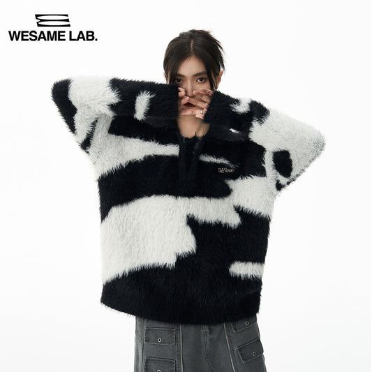 Polo Collar Black and White Mohair Lazy Knit Pullover