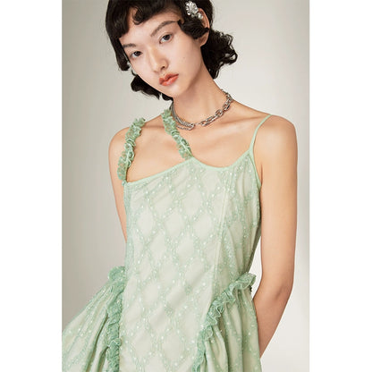 Green Lace - Irregular Hem Sling Dress