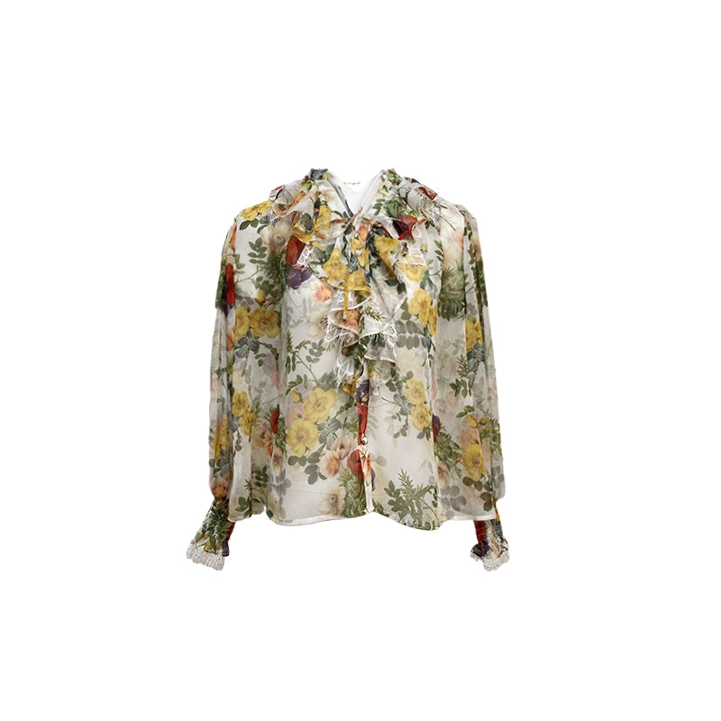 Drop Jun French Vintage Ruffle Edge Printed Top Fairy Spring/Summer Loose Sleeve Chiffon Shirt