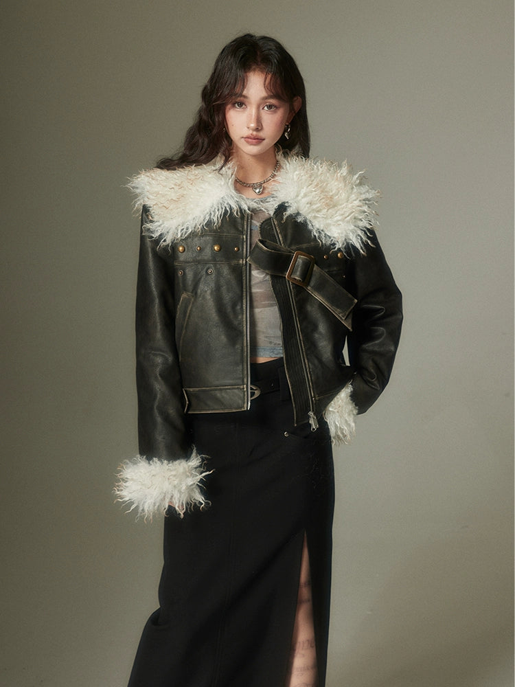 Sweet Cool Bow - Fleece Lapel Leather Coat