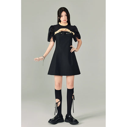 Bubble Sleeve Qipao - Black Short Dress