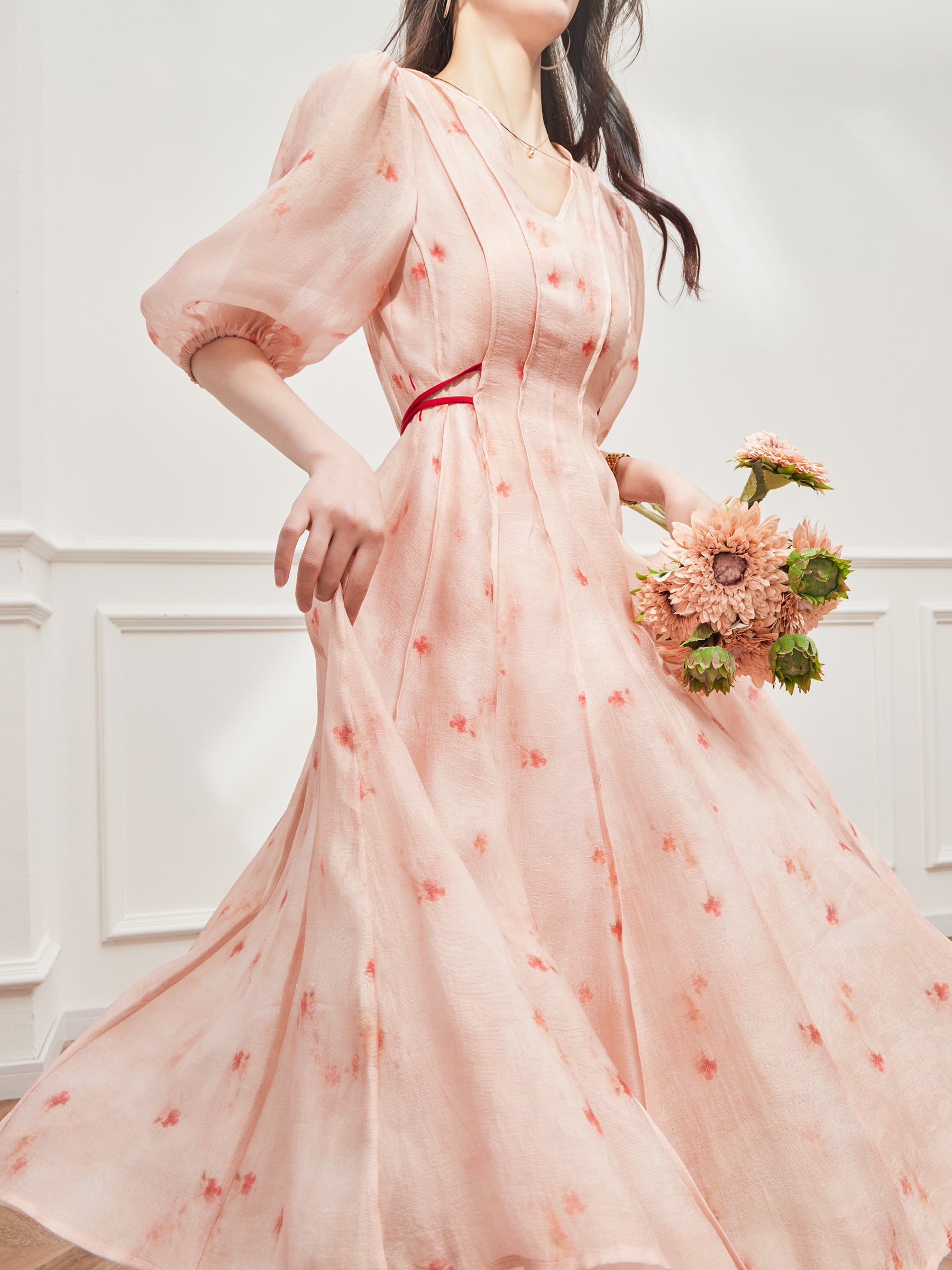 Pink French Tie-Up Long Dress