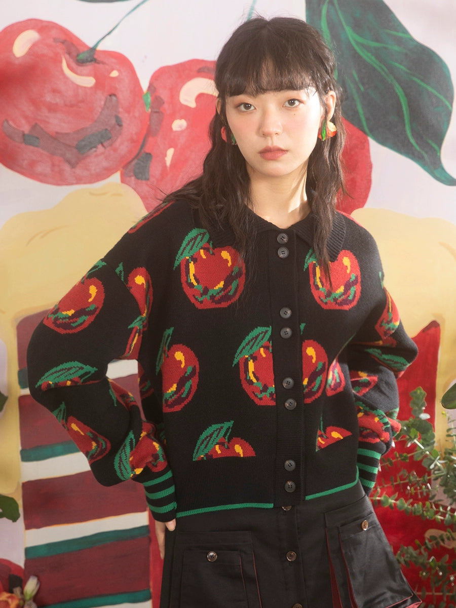 Oil Painting Red Apple Horn Sleeve Sweater Cardigan