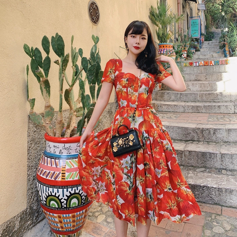 Tomato Flower Retro Square Neck Swing Dress