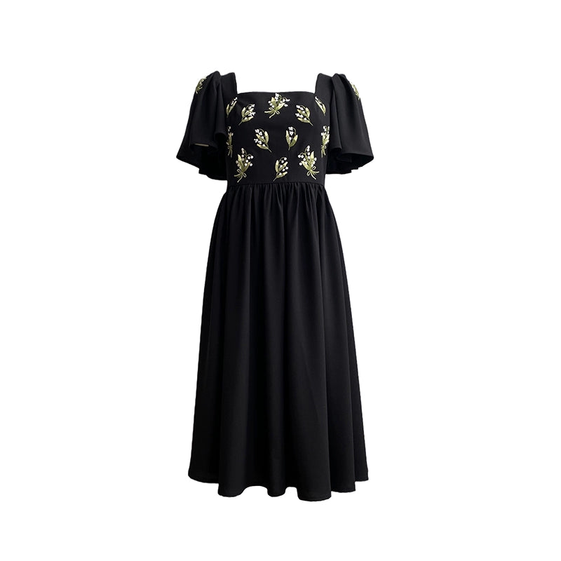 Black French Embroidered Square Neck Dress