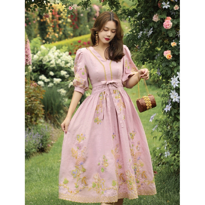 Giovanni Garden Linen Embroidery Dress