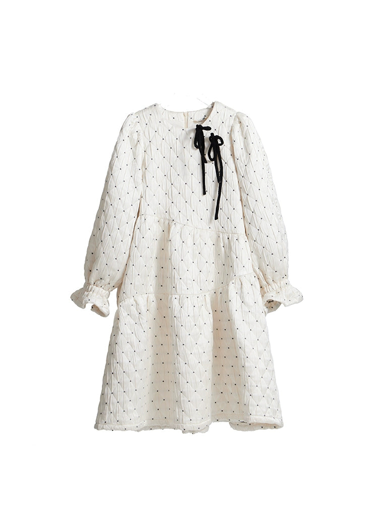 Original and niche design with ears, velvet bow, diamond pattern jacquard, thickened cotton jacket, puffy dress