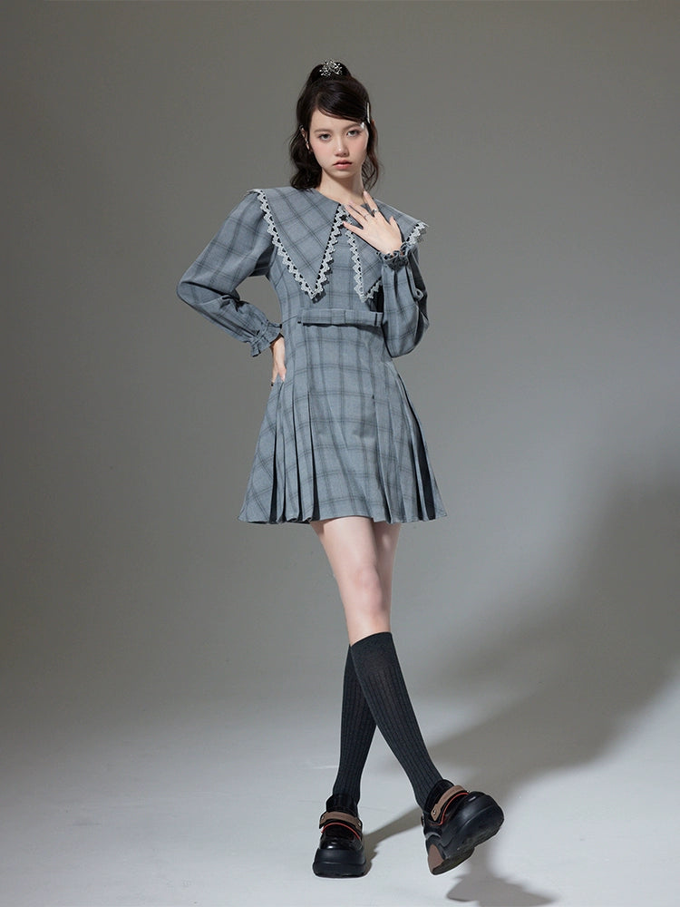 Pleated Plaid - Large Lapel Dress