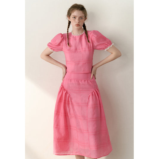 Bubble Sleeve Lace & Ruffle Skirt Set