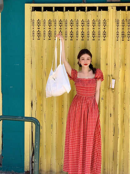 Summer Plaid: Red Square Neck Mid-Length Dress