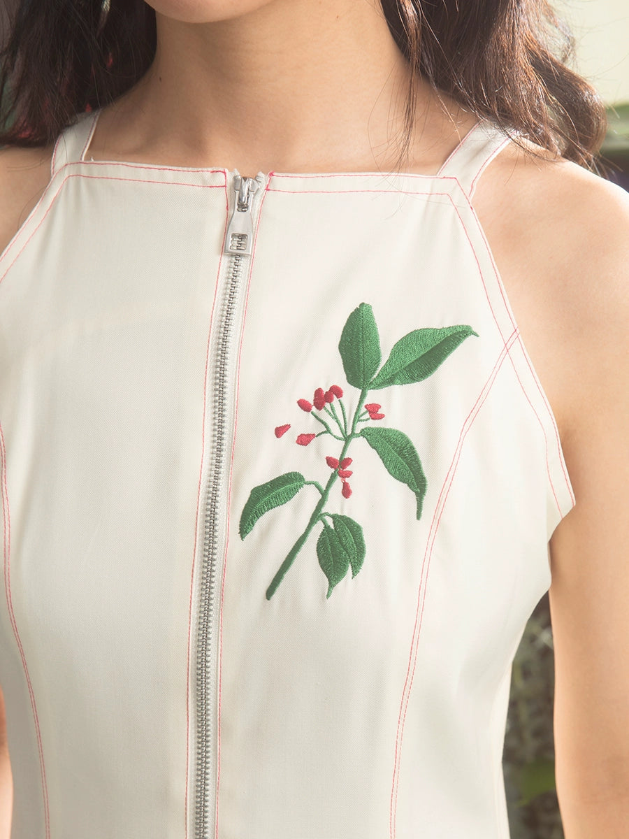 Flower Embroidery: Beige Ruffled Sling Dress