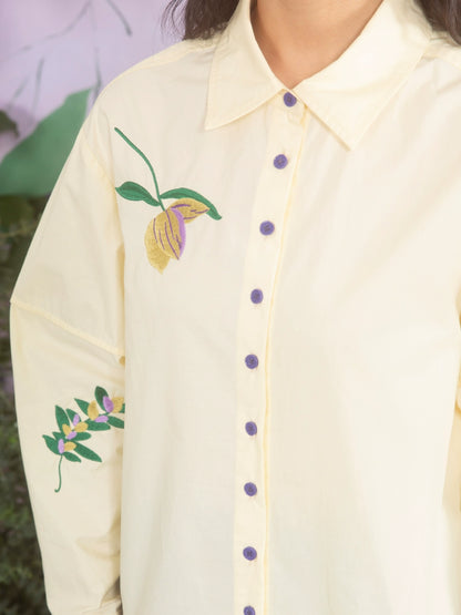 Flower Embroidered Cream Yellow Loose Shirt