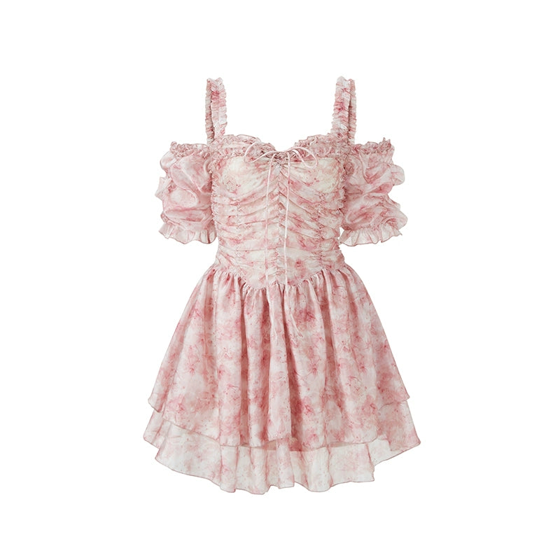 Organza Ice Rose - Sweet Print Pleated Sleeve Dress