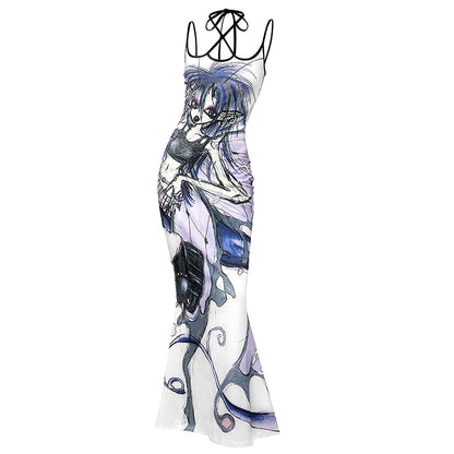 Butterfly Fairy Print Fishtail Strap Dress