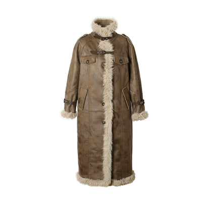 Marrón Vintage Fur One Piece Cabello de cordero Suelo de altura alta de alta longitud media o otoño/invierno abrigo para mujeres